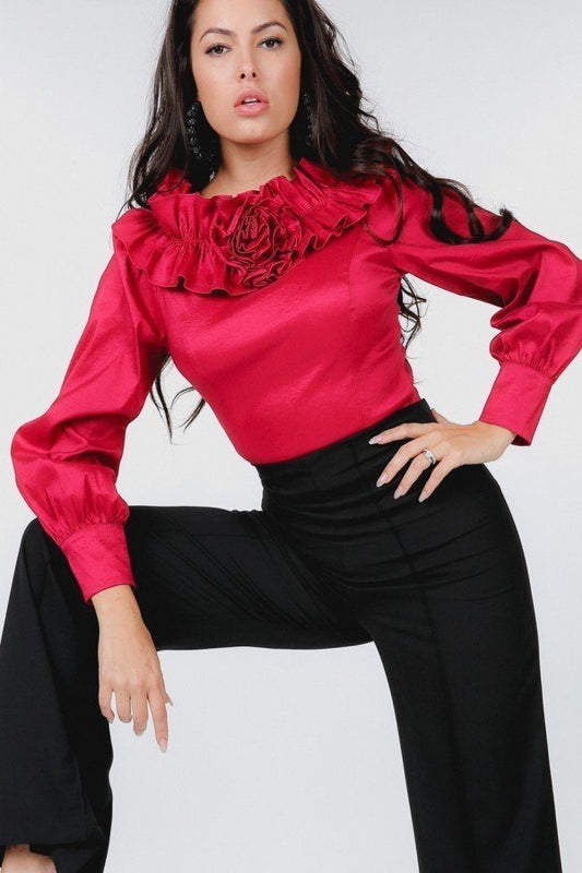 Flower Patch With Ruffle Neck Satin Blouse - Absolute Fashion 2020