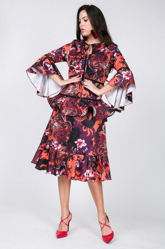 Cascade Ruffle Sleeve Frill Tiered Bottom Print Midi Dress - Absolute Fashion 2020