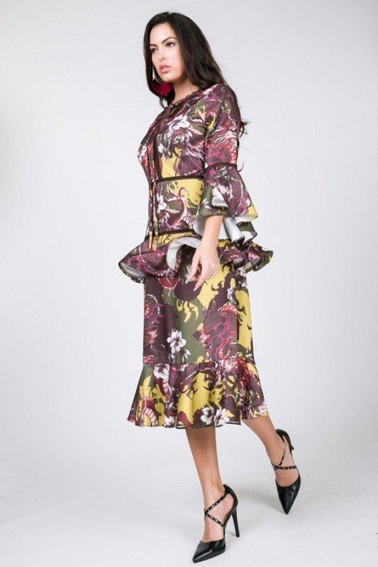 Cascade Ruffle Sleeve Frill Tiered Bottom Print Midi Dress - Absolute Fashion 2020