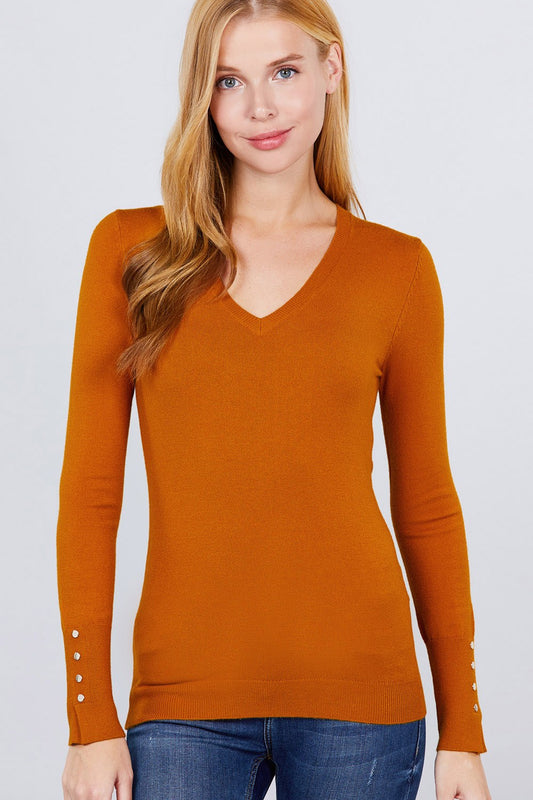 V-neck Sweater W/rivet Button - Absolute Fashion 2020