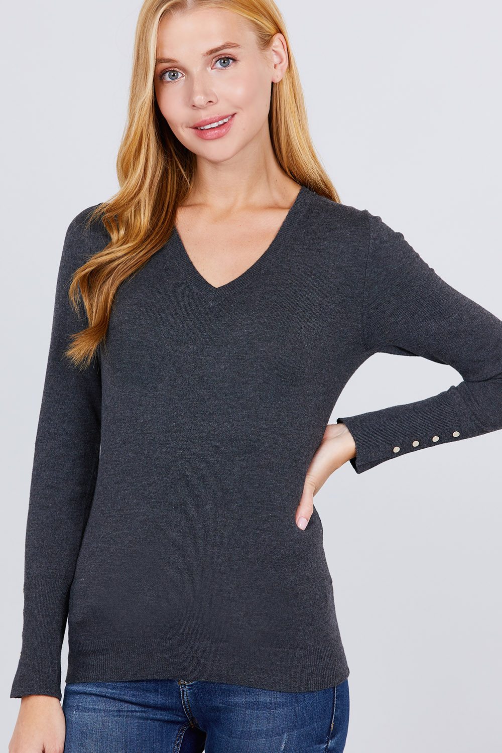 V-neck Sweater W/rivet Button - Absolute Fashion 2020