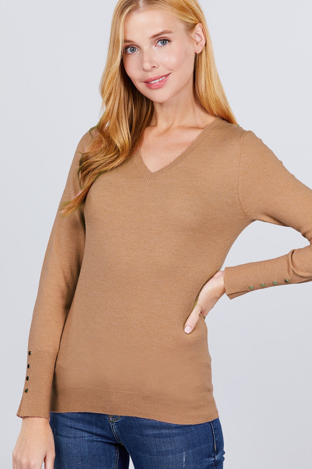 V-neck Sweater W/rivet Button - Absolute Fashion 2020