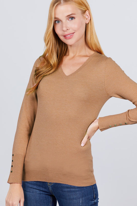 V-neck Sweater W/rivet Button - Absolute Fashion 2020