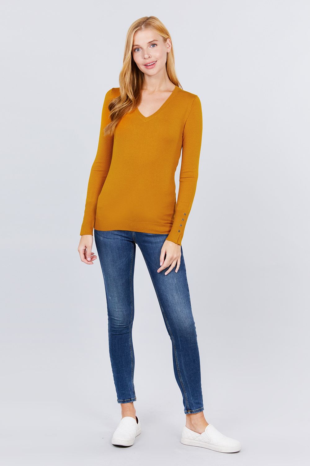 V-neck Sweater W/rivet Button - Absolute Fashion 2020