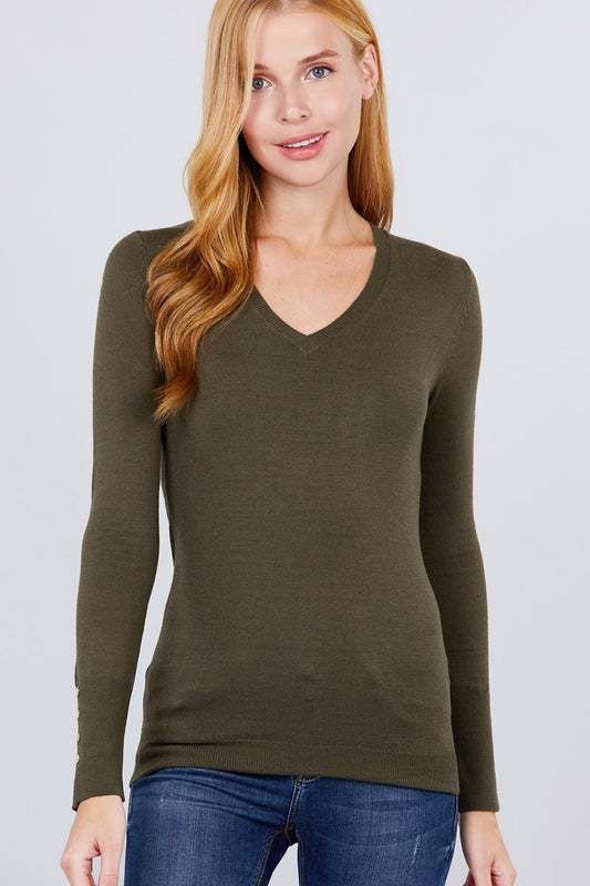 V-neck Sweater W/rivet Button - Absolute Fashion 2020