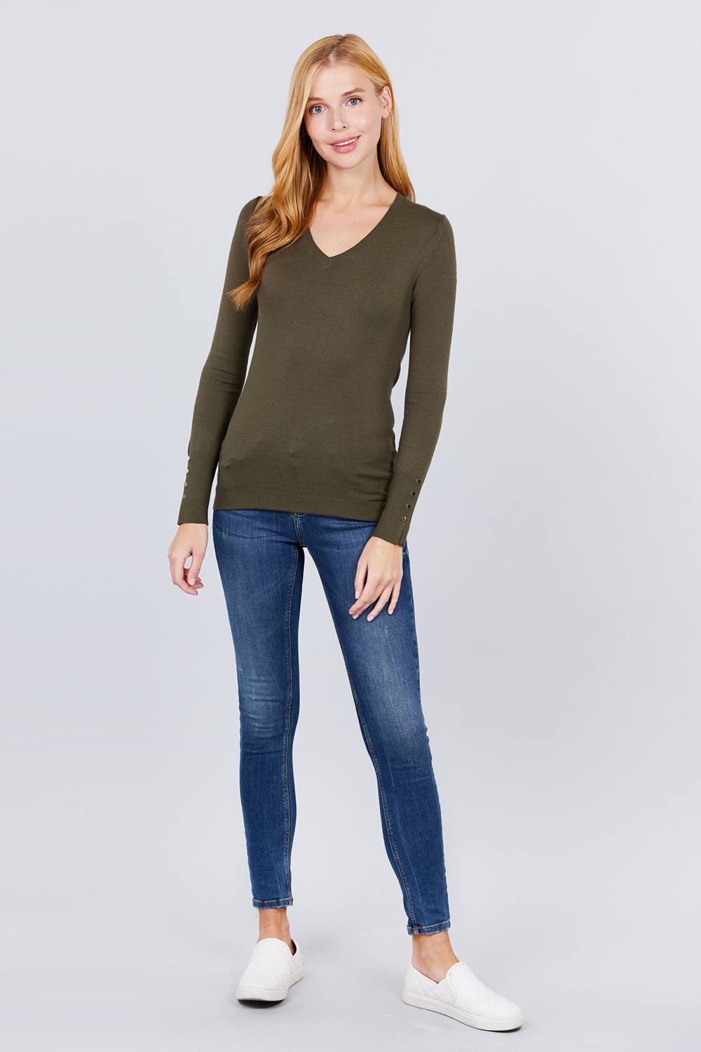 V-neck Sweater W/rivet Button - Absolute Fashion 2020