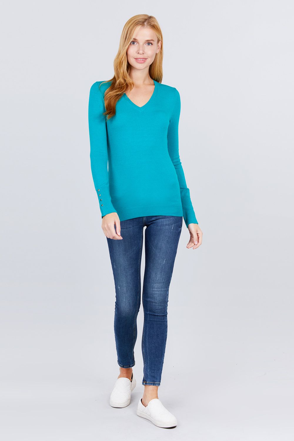 V-neck Sweater W/rivet Button - Absolute Fashion 2020