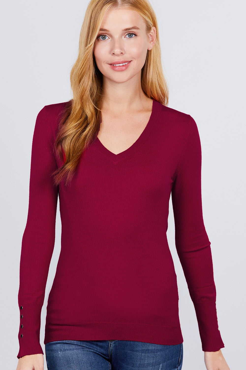 V-neck Sweater W/rivet Button - Absolute Fashion 2020