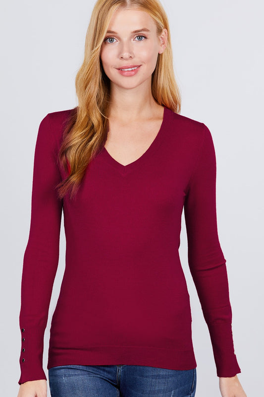 V-neck Sweater W/rivet Button - Absolute Fashion 2020