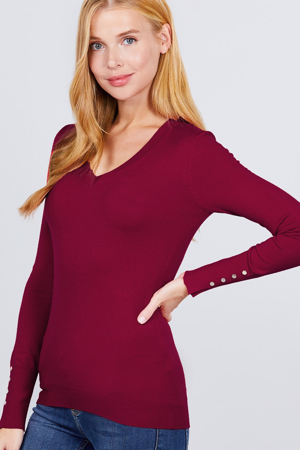 V-neck Sweater W/rivet Button - Absolute Fashion 2020
