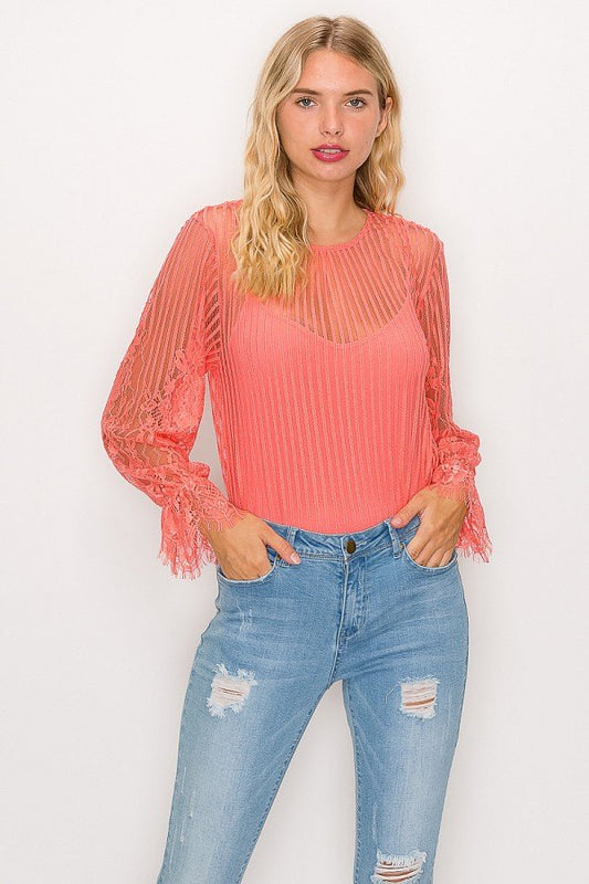 Lace Trim Shadow Stripe Bodysuit - Absolute Fashion 2020