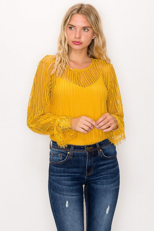 Lace Trim Shadow Stripe Bodysuit - Absolute Fashion 2020