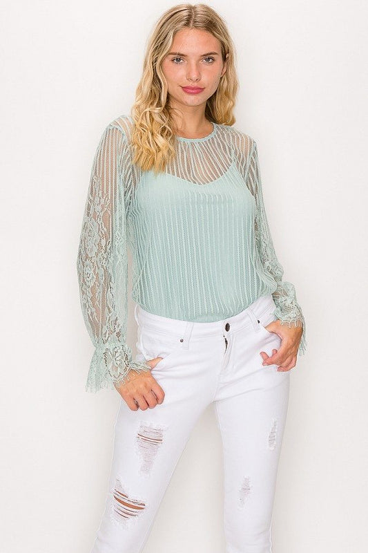 Lace Trim Shadow Stripe Bodysuit - Absolute Fashion 2020