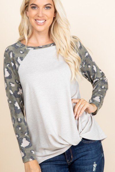 Casual French Terry Side Twist Top With Animal Print Long Sleeves - Absolute Fashion 2020
