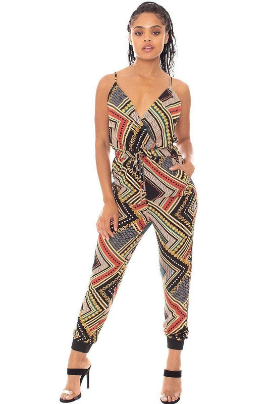 Boarder Print Wrap Drawstring Waist Jumpsuit - Absolute Fashion 2020