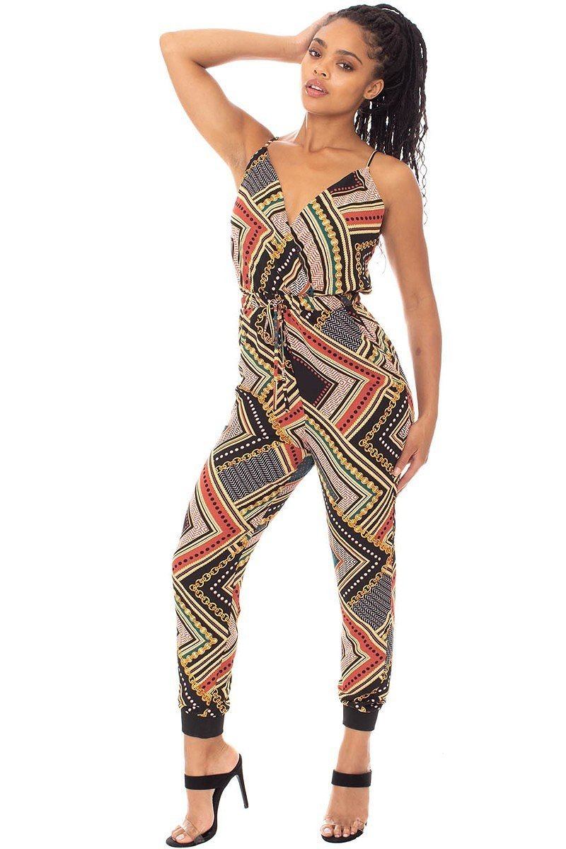 Boarder Print Wrap Drawstring Waist Jumpsuit - Absolute Fashion 2020