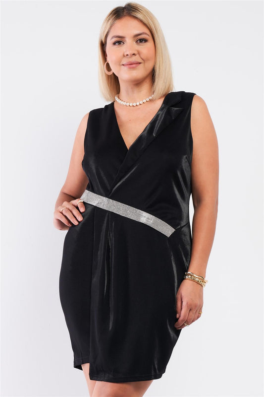 Sleeveless V-neck Asymmetrical Wrap Rhinestones Detail Fitted Mini Blazer Dress - Absolute Fashion 2020