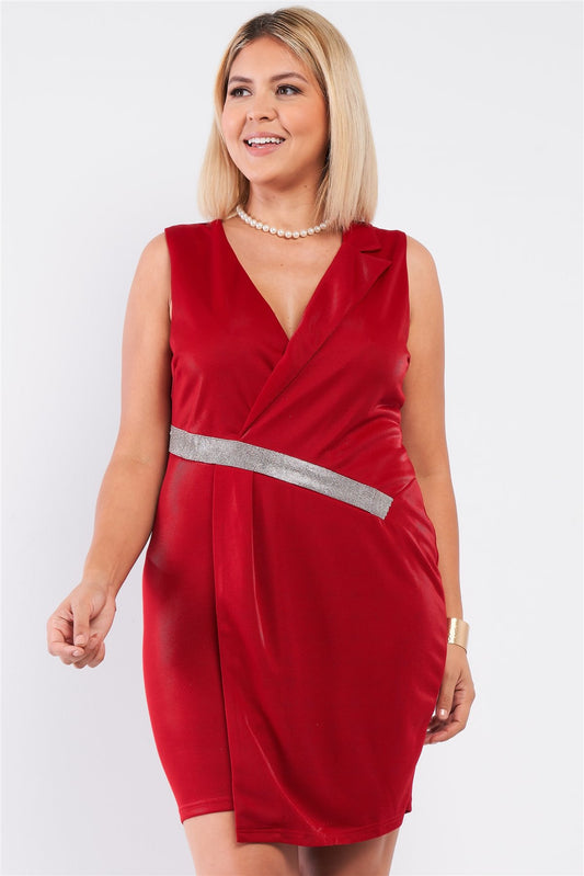 Sleeveless V-neck Asymmetrical Wrap Rhinestones Detail Fitted Mini Blazer Dress - Absolute Fashion 2020