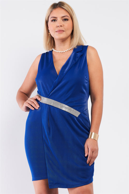 Sleeveless V-neck Asymmetrical Wrap Rhinestones Detail Fitted Mini Blazer Dress - Absolute Fashion 2020
