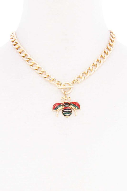 Rhinestone Bee Pendant Toggle Clasp Necklace - Absolute Fashion 2020