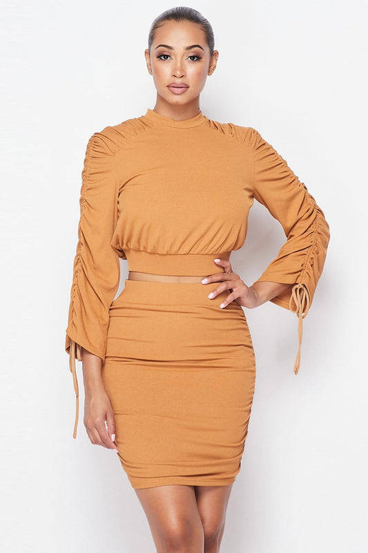 Ruched Long Sleeve And Skirt Set - Absolute Fashion 2020