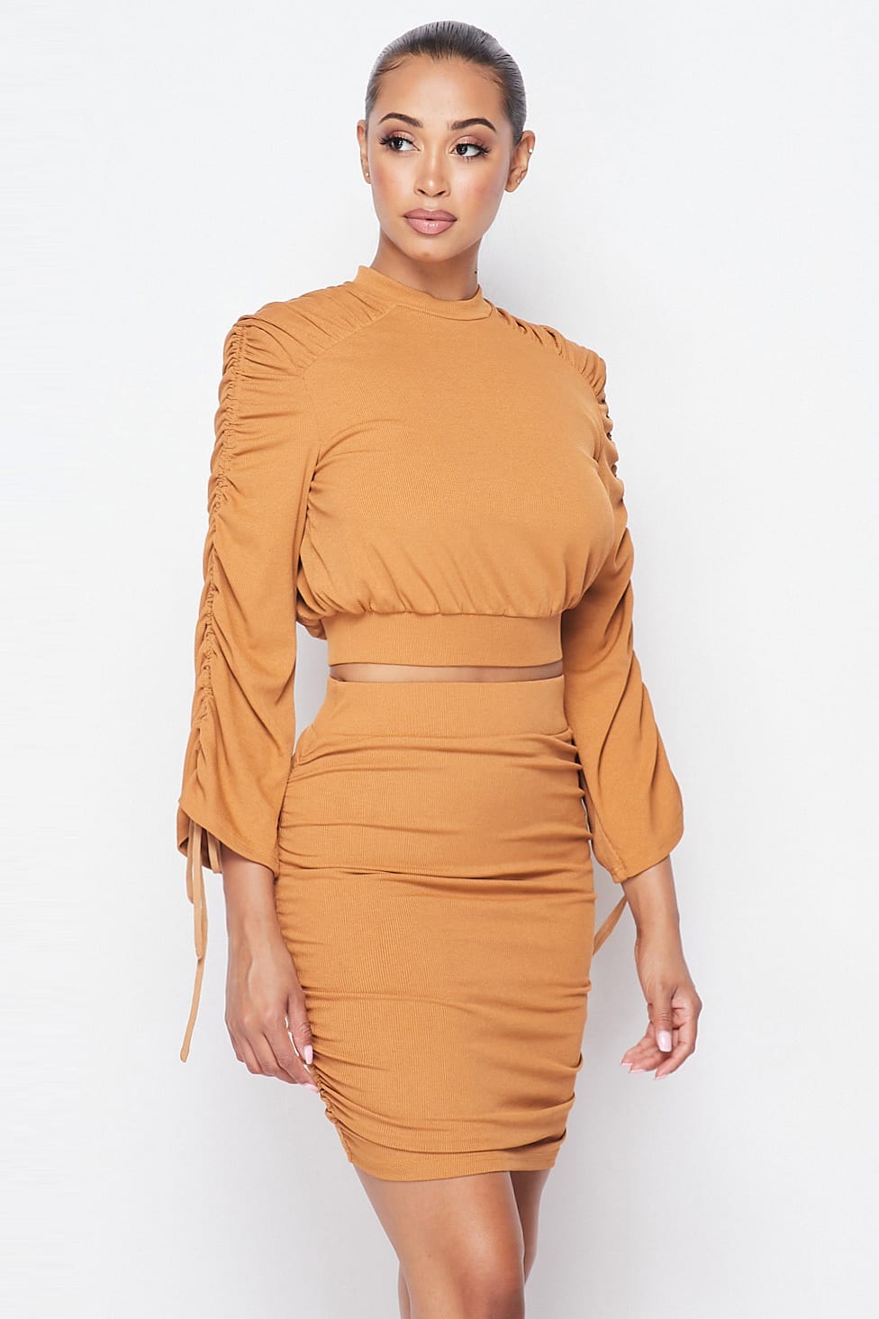 Ruched Long Sleeve And Skirt Set - Absolute Fashion 2020