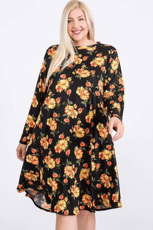 Floral Mock Neck Hidden Pocket Round Hem Midi Dress - Absolute Fashion 2020