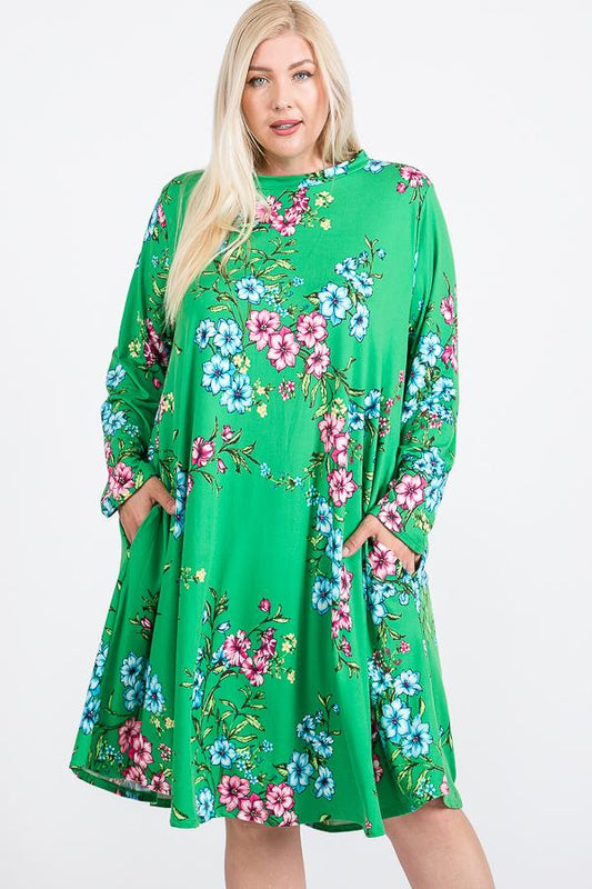 Floral Mock Neck Hidden Pocket Round Hem Midi Dress - Absolute Fashion 2020