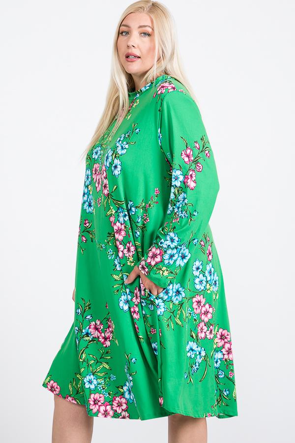 Floral Mock Neck Hidden Pocket Round Hem Midi Dress - Absolute Fashion 2020