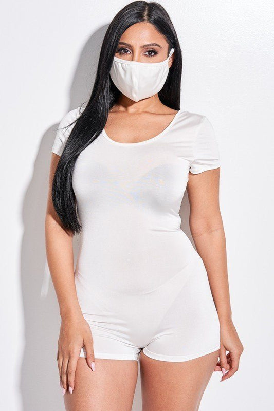 Solid Short Sleeve Scoop Neck Romper And Face Mask 2 Piece Set - Absolute Fashion 2020