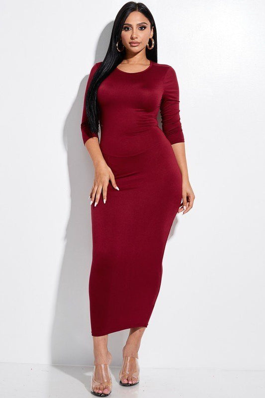 Solid 3/4 Sleeve Midi Dress With Back Cut Out - Absolute Fashion 2020