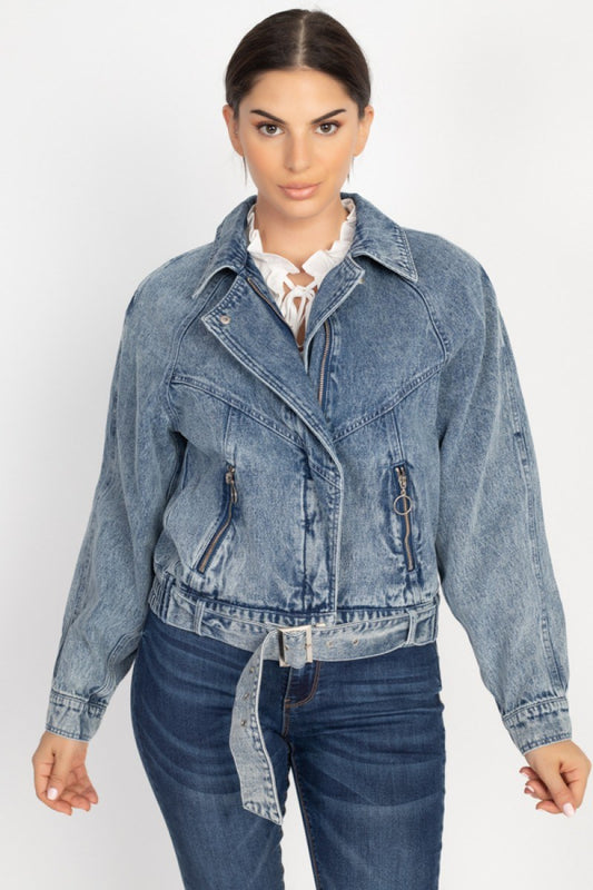 Ribbed Hem Belted Denim Jacket - Absolute Fashion 2020