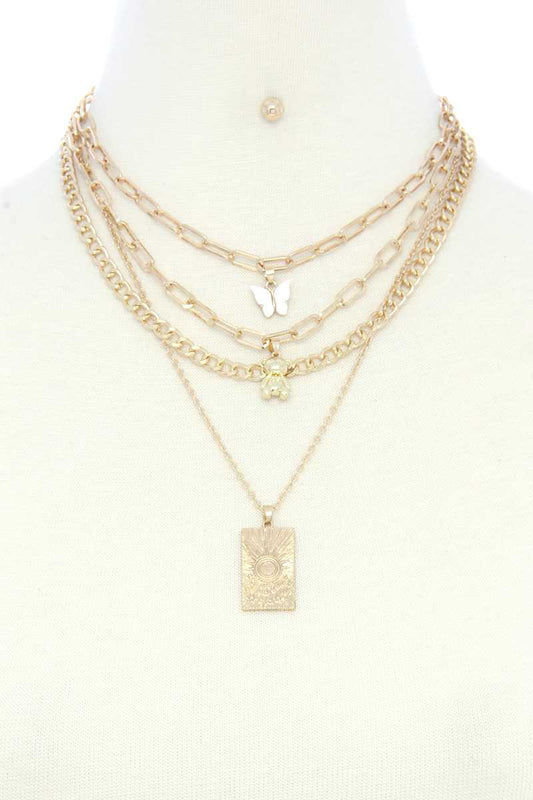 Dainty Butterfly Bear Charm Oval Link Layered Necklace - Absolute Fashion 2020