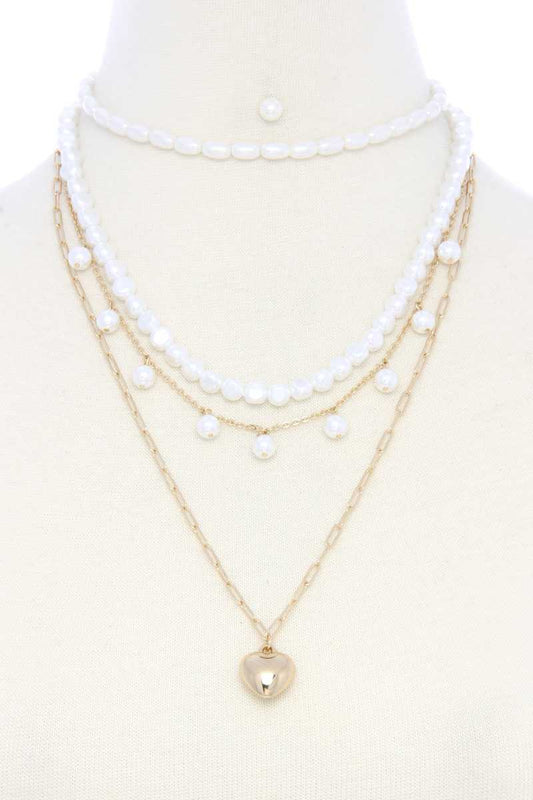 Puffy Heart Charm Pearl Bead Layered Necklace - Absolute Fashion 2020
