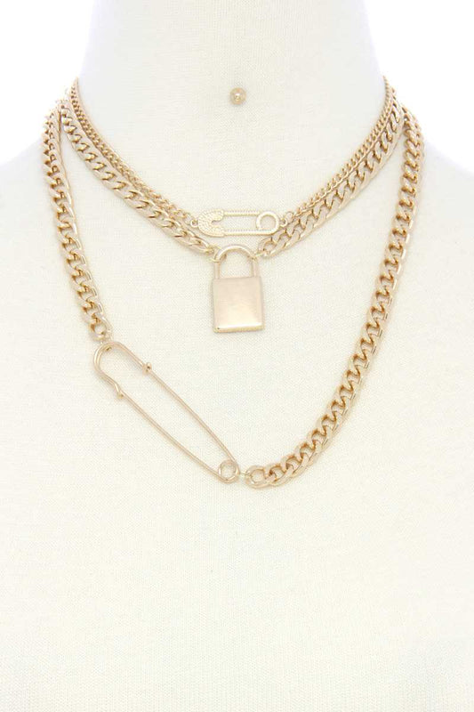 Safety Pin Lock Char Curb Link Layered Necklace - Absolute Fashion 2020