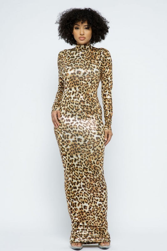 Animal Foil Mock Neck Body Con Maxi Dress - Absolute Fashion 2020