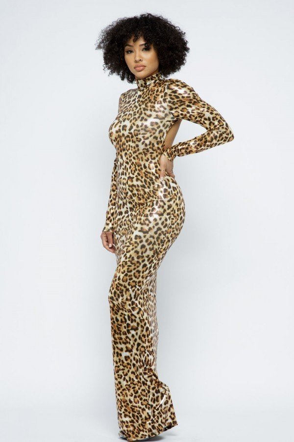 Animal Foil Mock Neck Body Con Maxi Dress - Absolute Fashion 2020