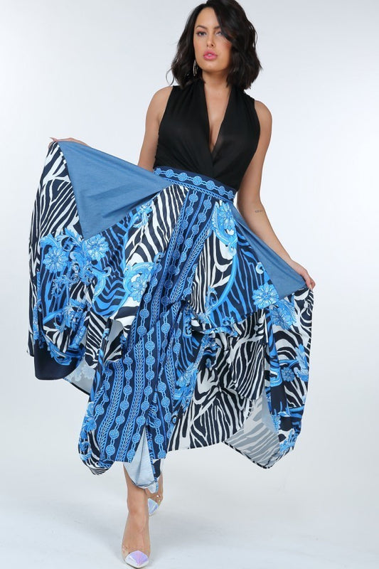 Animal Chain Print Denim Tacked Maxi Skirt In Black Gold - Absolute Fashion 2020