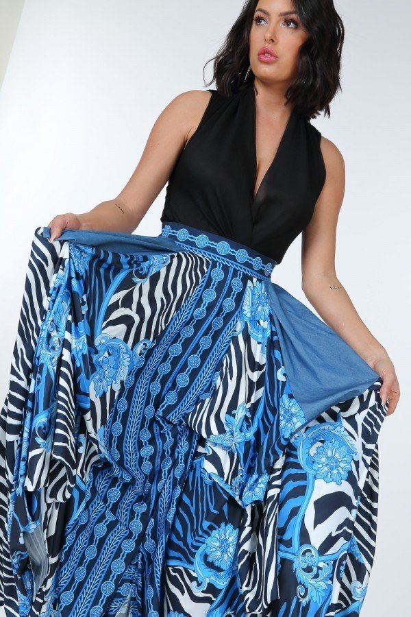 Animal Chain Print Denim Tacked Maxi Skirt In Black Gold - Absolute Fashion 2020