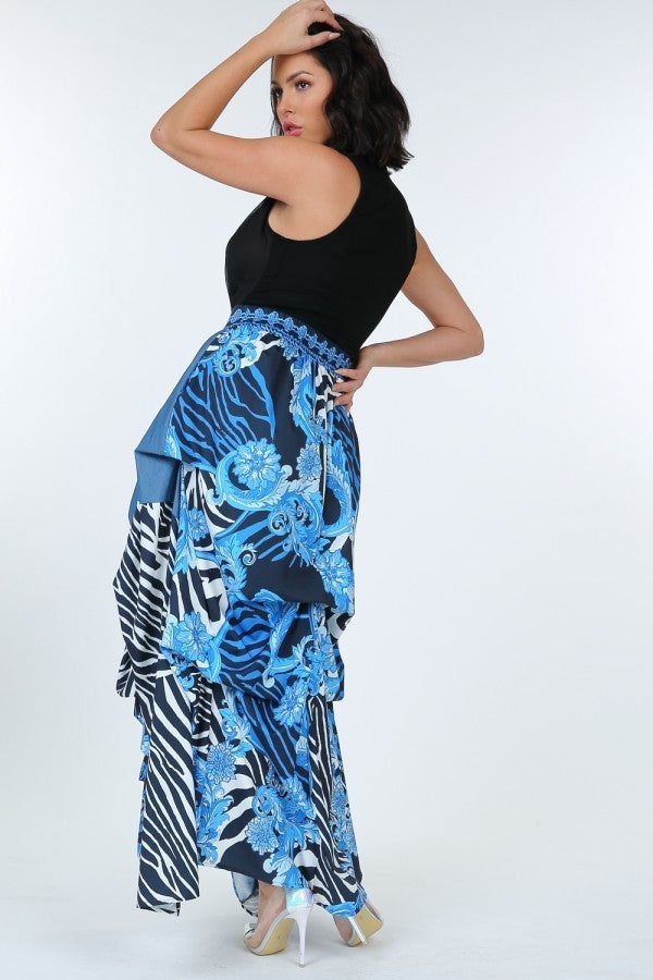 Animal Chain Print Denim Tacked Maxi Skirt In Black Gold - Absolute Fashion 2020