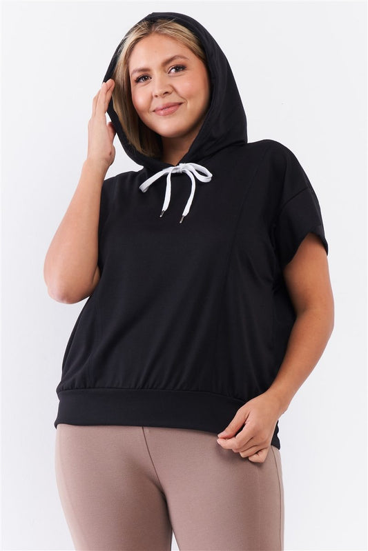 Black Short Wing Sleeve Relaxed Fit White Draw String Tie Hood Detail Top - Absolute Fashion 2020