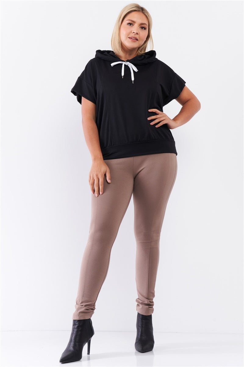 Black Short Wing Sleeve Relaxed Fit White Draw String Tie Hood Detail Top - Absolute Fashion 2020