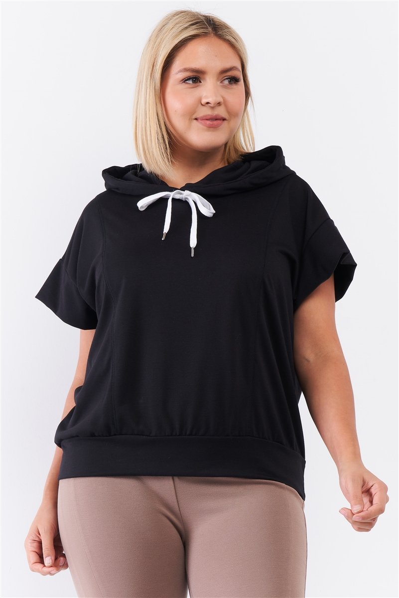 Black Short Wing Sleeve Relaxed Fit White Draw String Tie Hood Detail Top - Absolute Fashion 2020