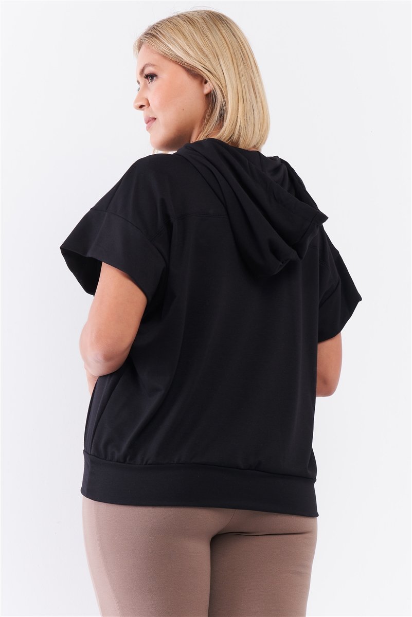 Black Short Wing Sleeve Relaxed Fit White Draw String Tie Hood Detail Top - Absolute Fashion 2020