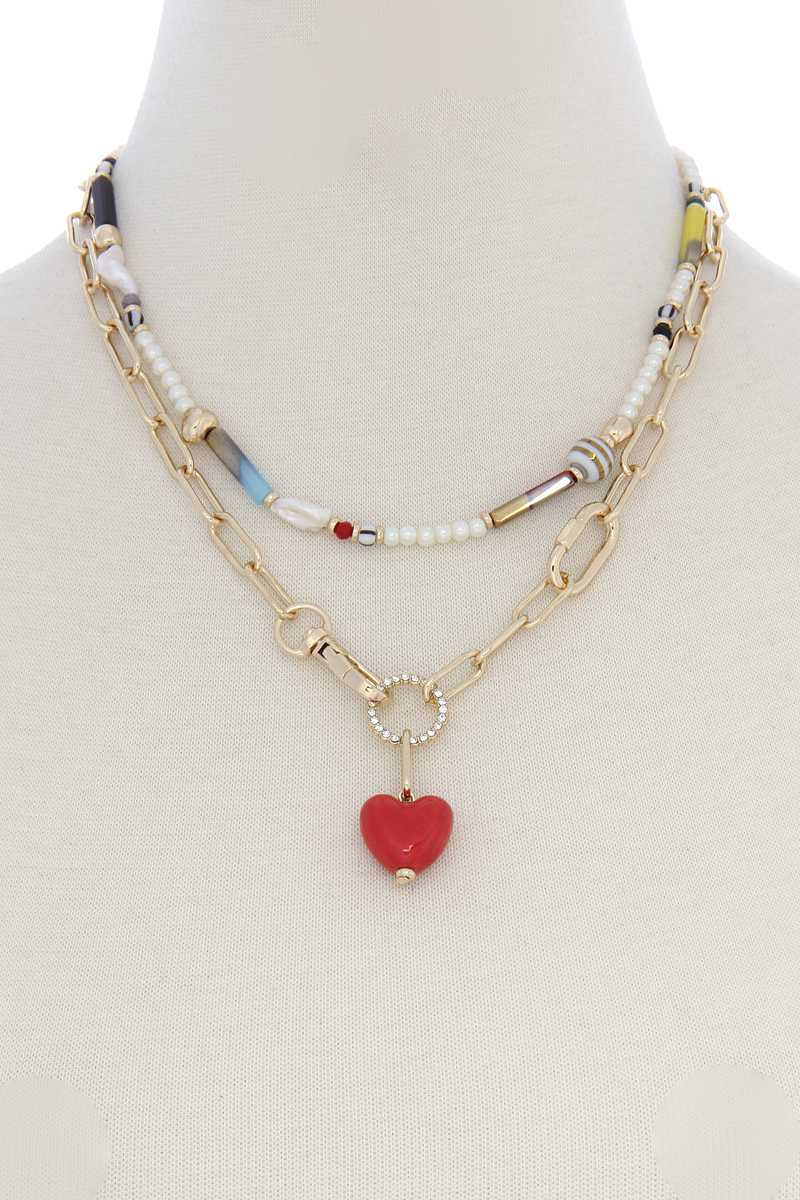 Heart Shape Oval Link Beaded Layer Necklace - Absolute Fashion 2020