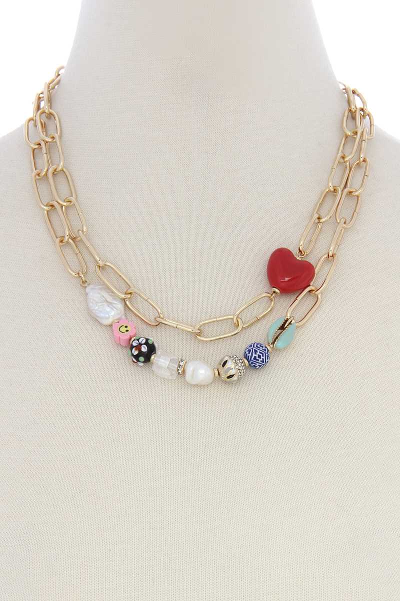 Heart Shape Beaded Oval Link Layer Necklace - Absolute Fashion 2020