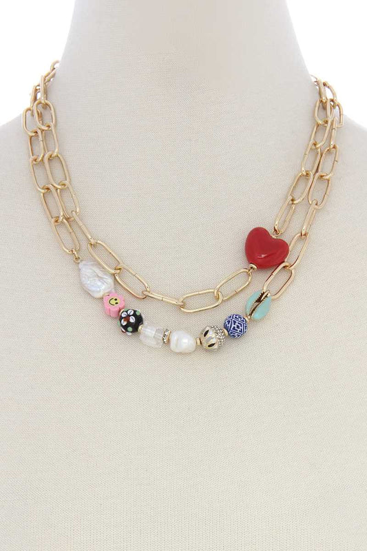 Heart Shape Beaded Oval Link Layer Necklace - Absolute Fashion 2020