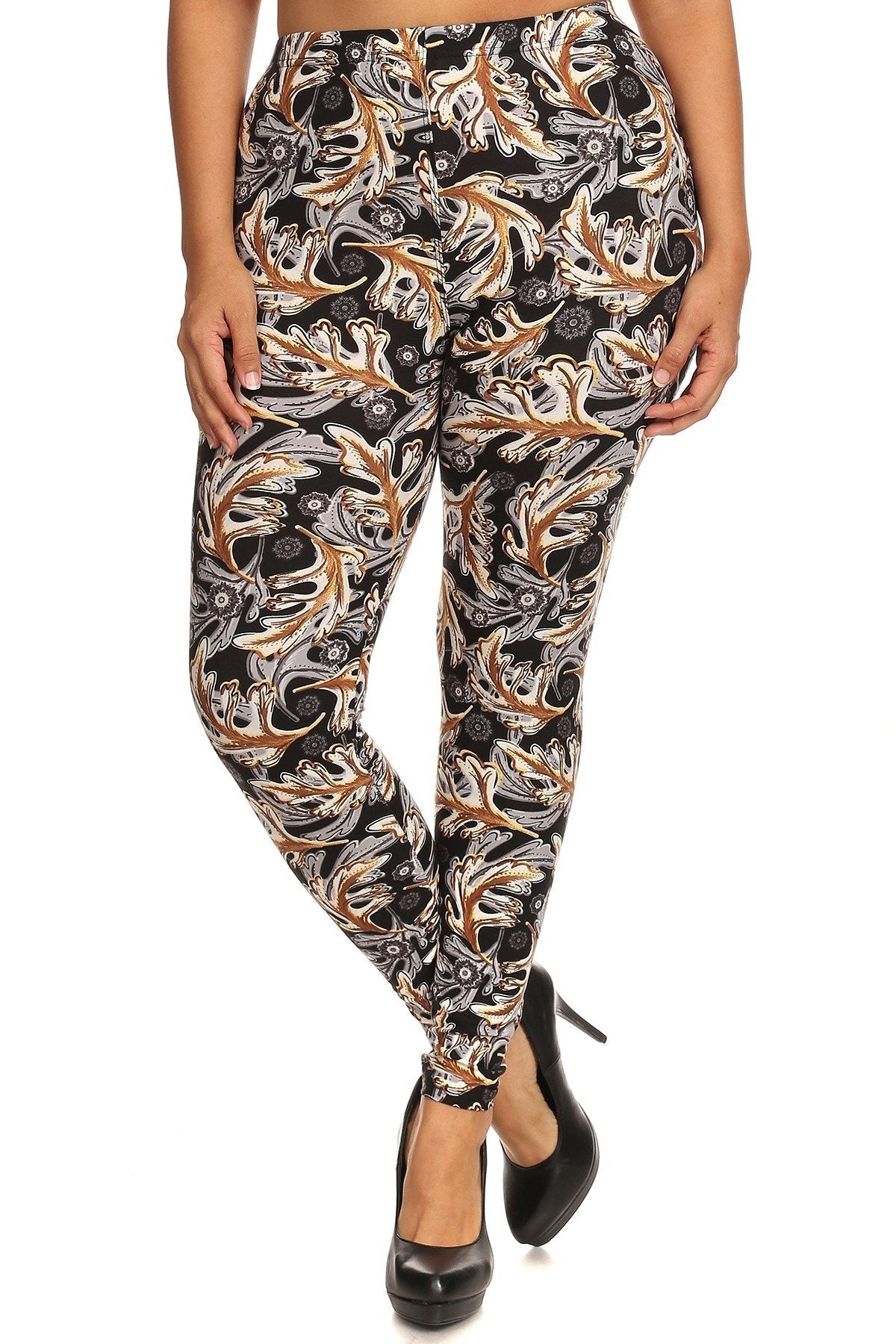 Abstract Leaf Print, Full Length Leggings In A Slim Fitting Style With A Banded High Waist - Absolute Fashion 2020