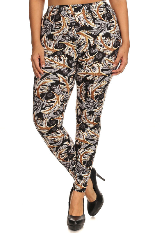 Abstract Leaf Print, Full Length Leggings In A Slim Fitting Style With A Banded High Waist - Absolute Fashion 2020