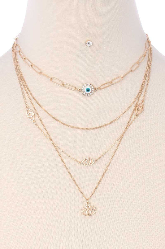 4 Layered Metal Chain Evil Eye Pendant Necklace Earring Set - Absolute Fashion 2020
